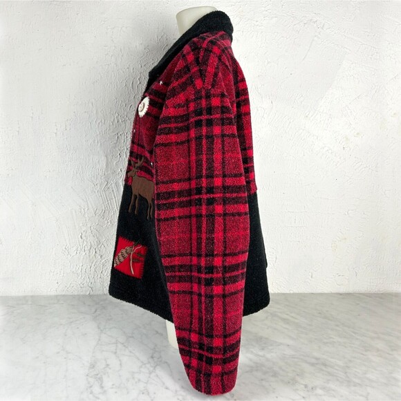 Talbots Fleece Applique Jacket Women's XL Red Black Reindeer Christmas Tree - Picture 6 of 14